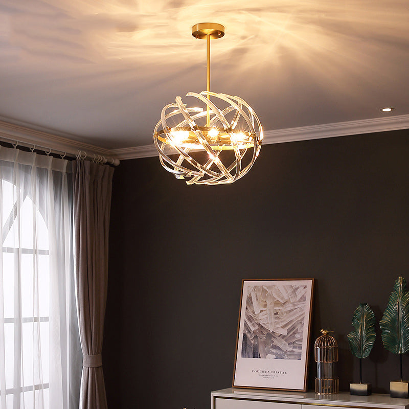 Contemporary Sphere Hanging Chandelier Metal 6 Bulbs Suspension Light in Gold with Crystal Tube Cage for Dining Room