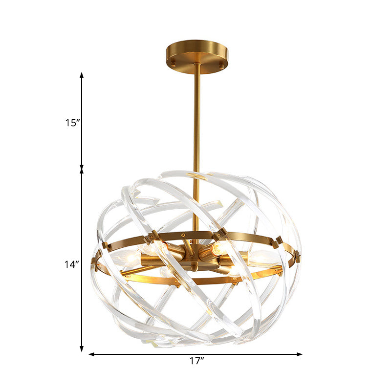 Contemporary Sphere Hanging Chandelier Metal 6 Bulbs Suspension Light in Gold with Crystal Tube Cage for Dining Room