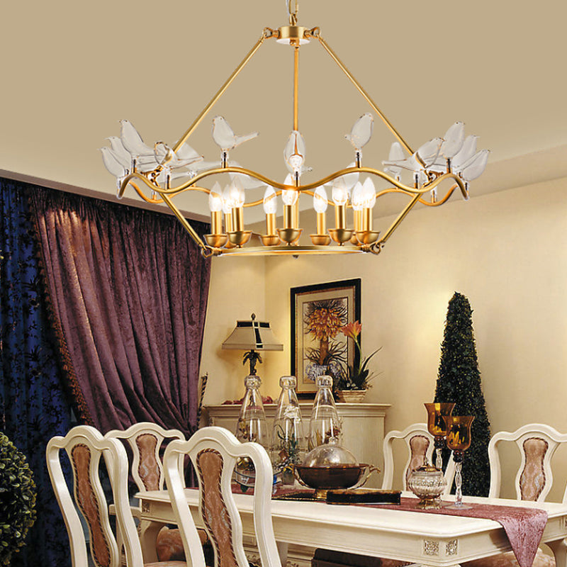 Metal Flower Basket Chandelier Lamp Modern 9 Bulbs Gold Pendant Lighting Fixture with Clear Glass Bird