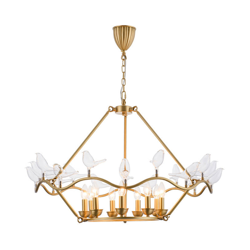 Panier de fleurs en métal lampe à lustre moderne 9 ampoules Gold Pendant Lighting Piscussion avec oiseau en verre transparent