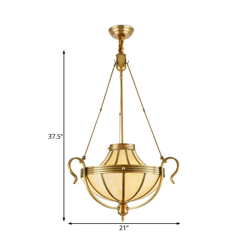 3 Bulbs Jar Ceiling Chandelier Rustic Opal Frosted Glass Suspended Lighting Fixture in Brass