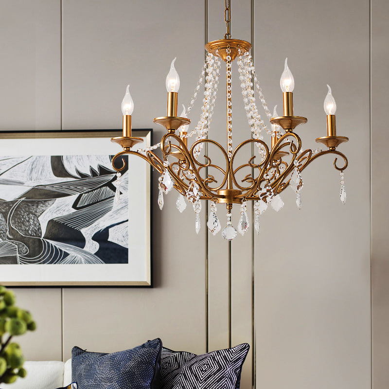 Modernism Sputnik Chandelier Metal 6 Heads Hanging Light Fixture in Gold with Crystal Drop