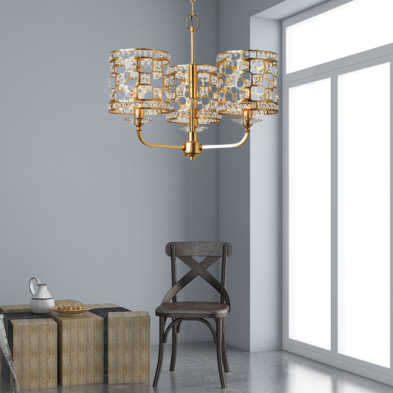 Crystal Cylindrical Chandelier Modern 3 Heads Gold Pendant Lighting Fixture for Living Room