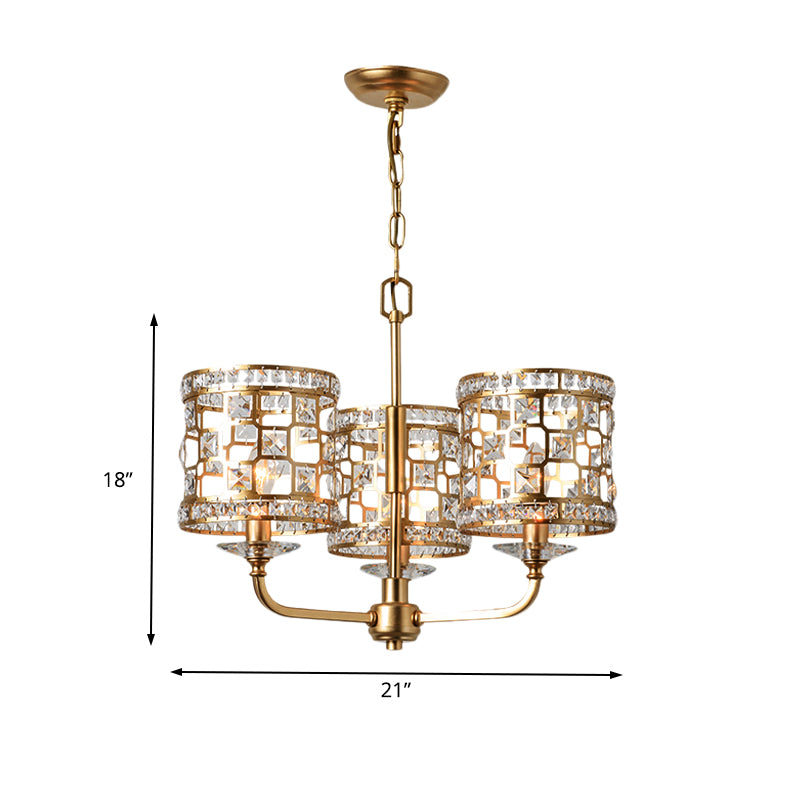 Crystal Cylindrical Chandelier Modern 3 Heads Gold Pendant Lighting Fixture for Living Room
