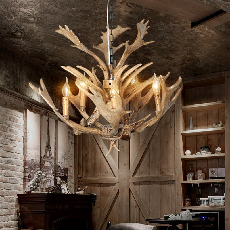 Salle de salle à manger de bougie lampe suspendue à la résine traditionnelle 5 ampoules marron clair