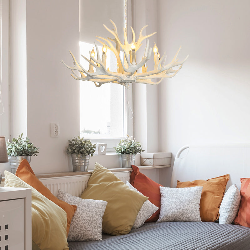 Traditional Candelabra Hanging Pendant 8 Lights Resin Ceiling Chandelier in White for Living Room