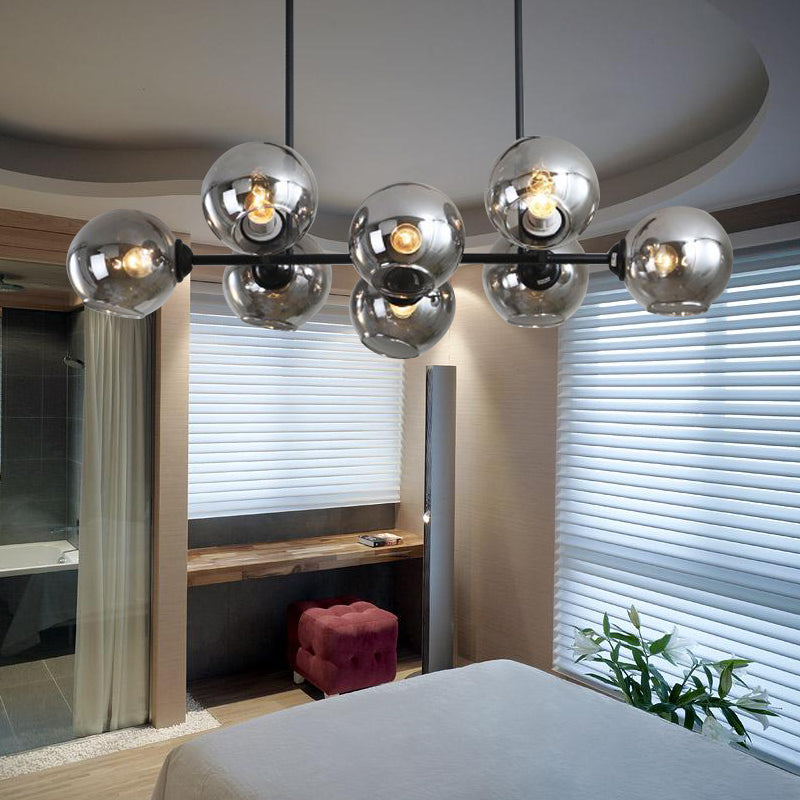 Black Global Island Lighting Modern 8/12 Heads Smokey-Glass Hanging Lamp Kit for Living Room