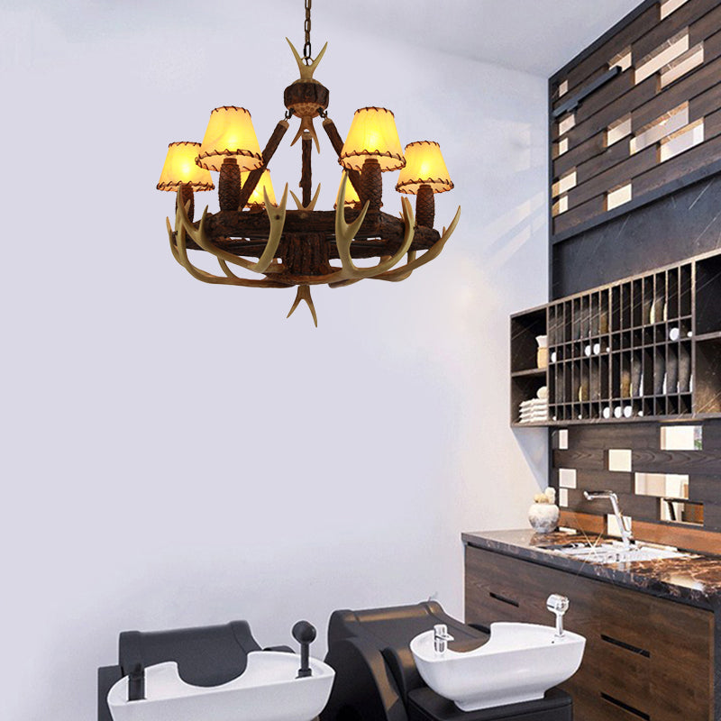Traditional Cone Hanging Lamp 6 Bulbs Resin Chandelier Light Fixture with Fabric Shade in White/Yellow