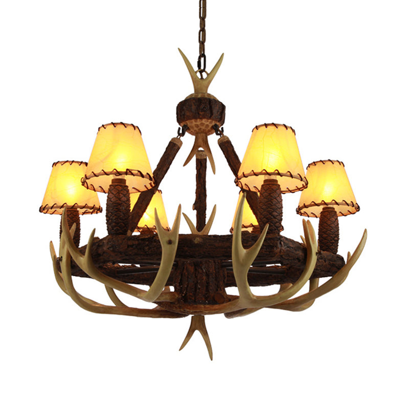 Traditional Cone Hanging Lamp 6 Bulbs Resin Chandelier Light Fixture with Fabric Shade in White/Yellow