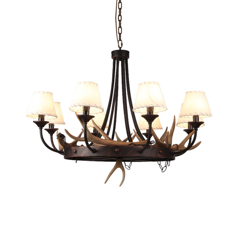 Tapered Dining Room Hanging Lamp Traditional Metal 8 Bulbs Brown Chandelier Pendant Light with Antler Decoration