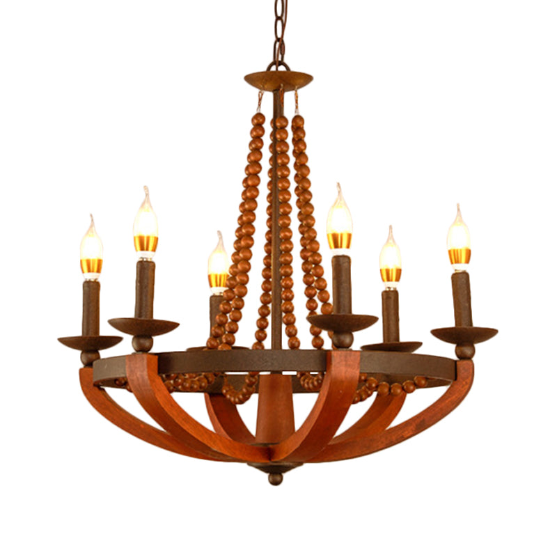 Rustic Candle Hanging Pendant 6 Lights Wooden Ceiling Chandelier in Red for Dining Room
