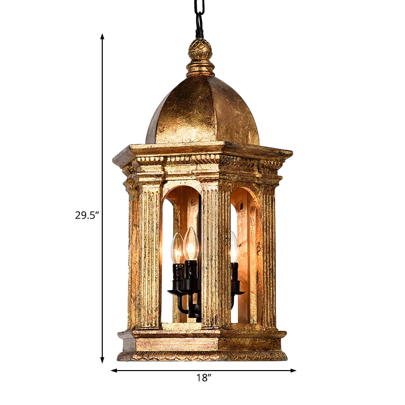 3 Lights Metal Chandelier Lamp Vintage Gold Lantern Bar Adjustable Down Lighting Pendant