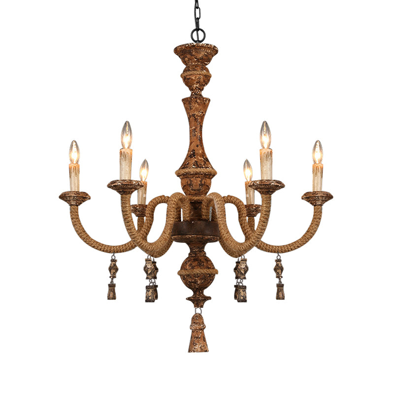 Candelabra Metal Ceiling Light Rustic 6-Bulb Living Room Pendant Chandelier in Brown