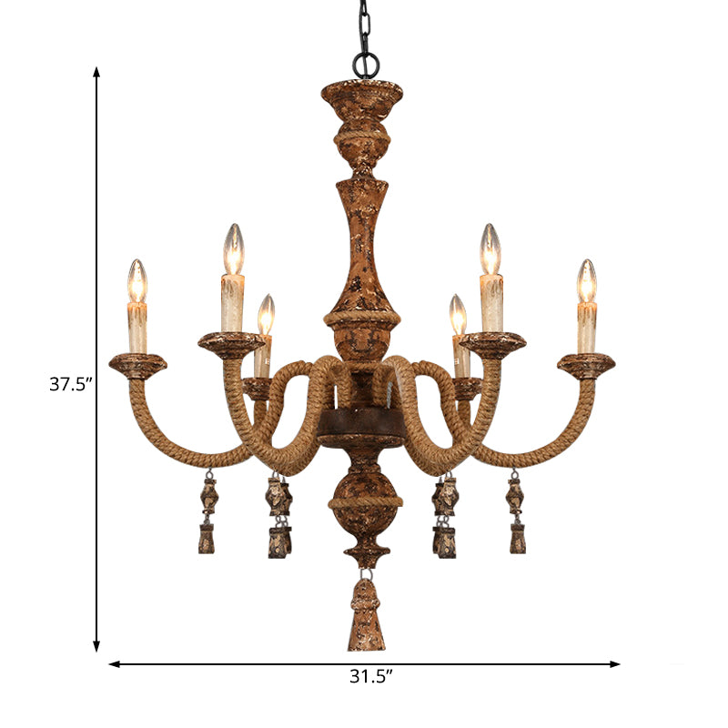 Candelabra Metal Ceiling Light Rustic 6-Bulb Living Room Pendant Chandelier in Brown