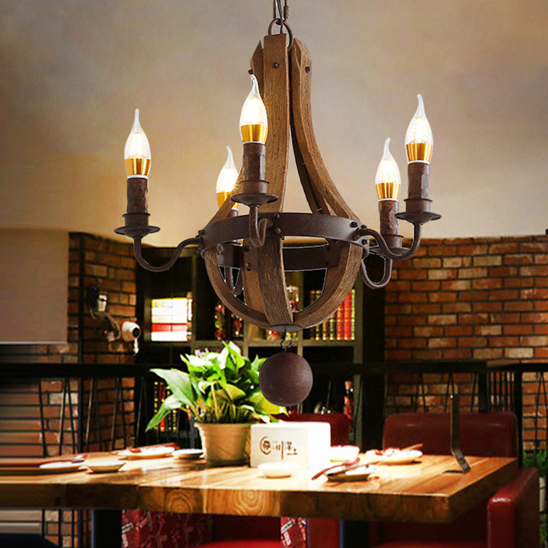 Rust 5 Lights Chandelier Lighting Rustic Wooden Basket Pendant Lamp for Restaurant, 16.5"/19.5" Wide