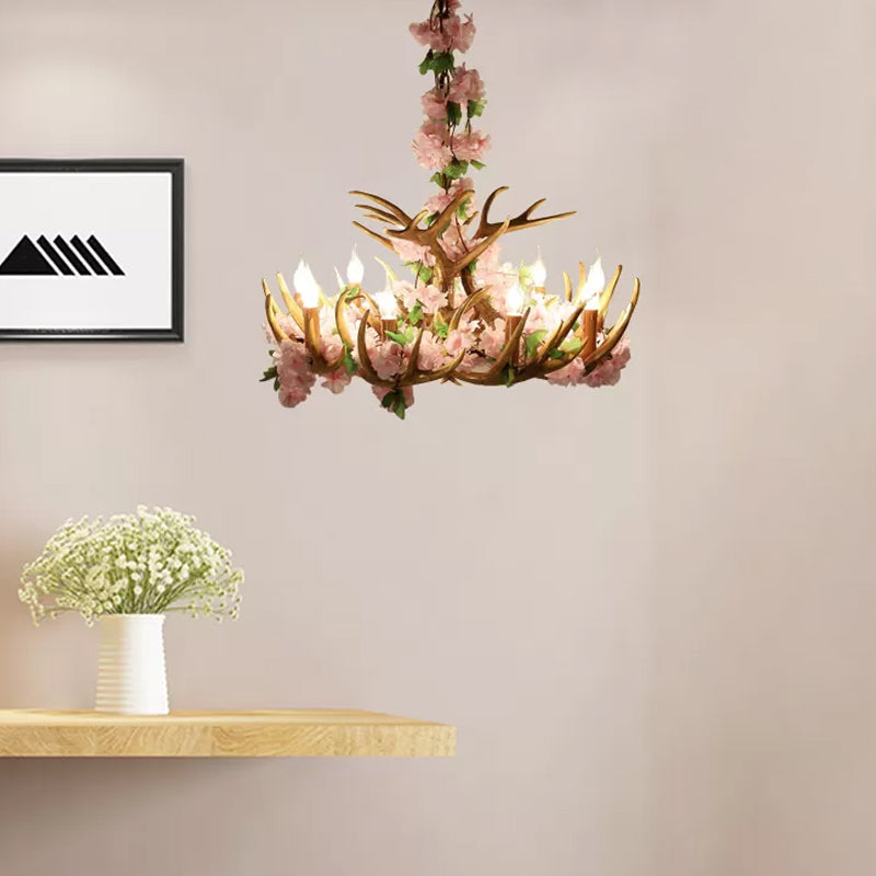 Candle Living Room Hanging Lamp Rustic Resin 4/6/12 Bulbs Pink/Green Chandelier Pendant Light