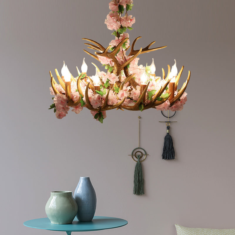 Candle Living Room Hanging Lamp Rustic Resin 4/6/12 Bulbs Pink/Green Chandelier Pendant Light
