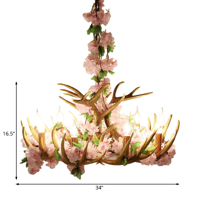 Candle Living Room Hanging Lamp Rustic Resin 4/6/12 Bulbs Pink/Green Chandelier Pendant Light