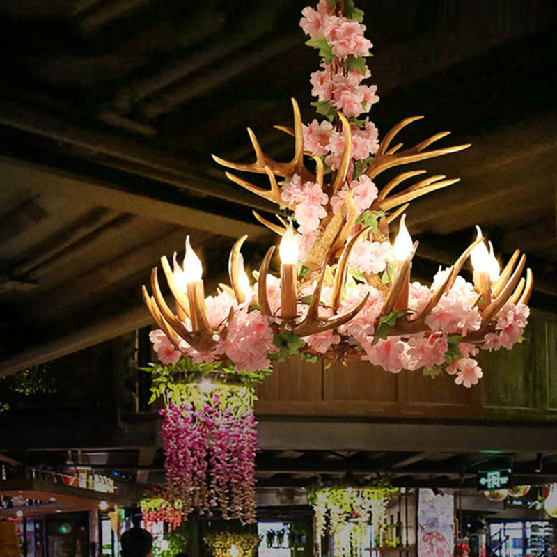 Candle Living Room Hanging Lamp Rustic Resin 4/6/12 Bulbs Pink/Green Chandelier Pendant Light