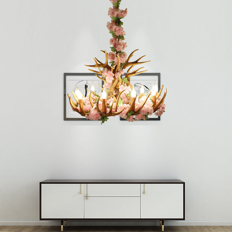 Candle Living Room Hanging Lamp Rustic Resin 4/6/12 Bulbs Pink/Green Chandelier Pendant Light