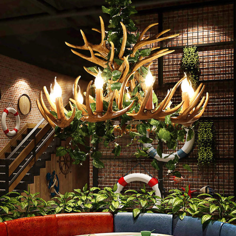 Candle Living Room Hanging Lamp Rustic Resin 4/6/12 Bulbs Pink/Green Chandelier Pendant Light