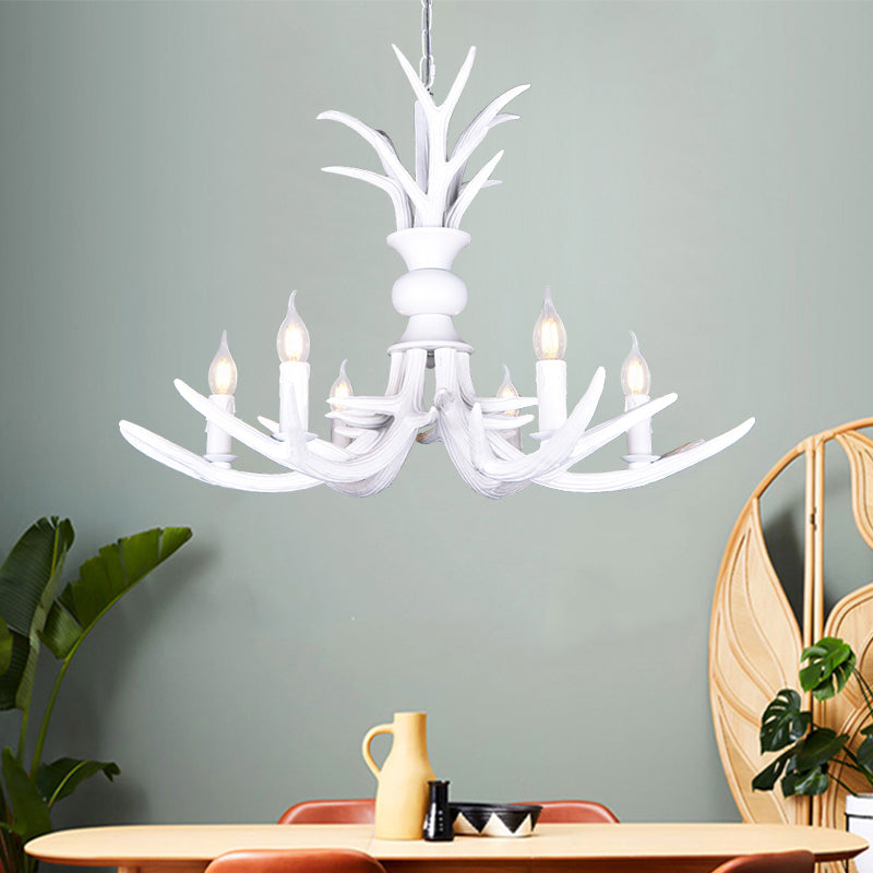 Resin White Hanging Chandelier Candle Shape 6/8 Bulbs Rustic Pendant Light Fixture for Restaurant