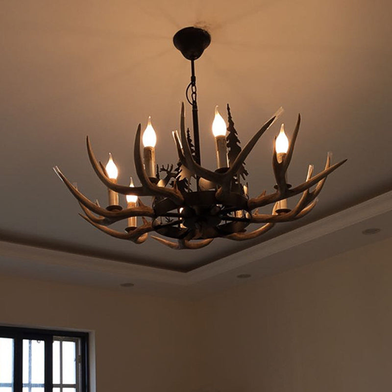 8-Bulb Resin Chandelier Lighting Rustic Light Brown Deer Antler Indoor Suspension Light with Pine Tree Accent