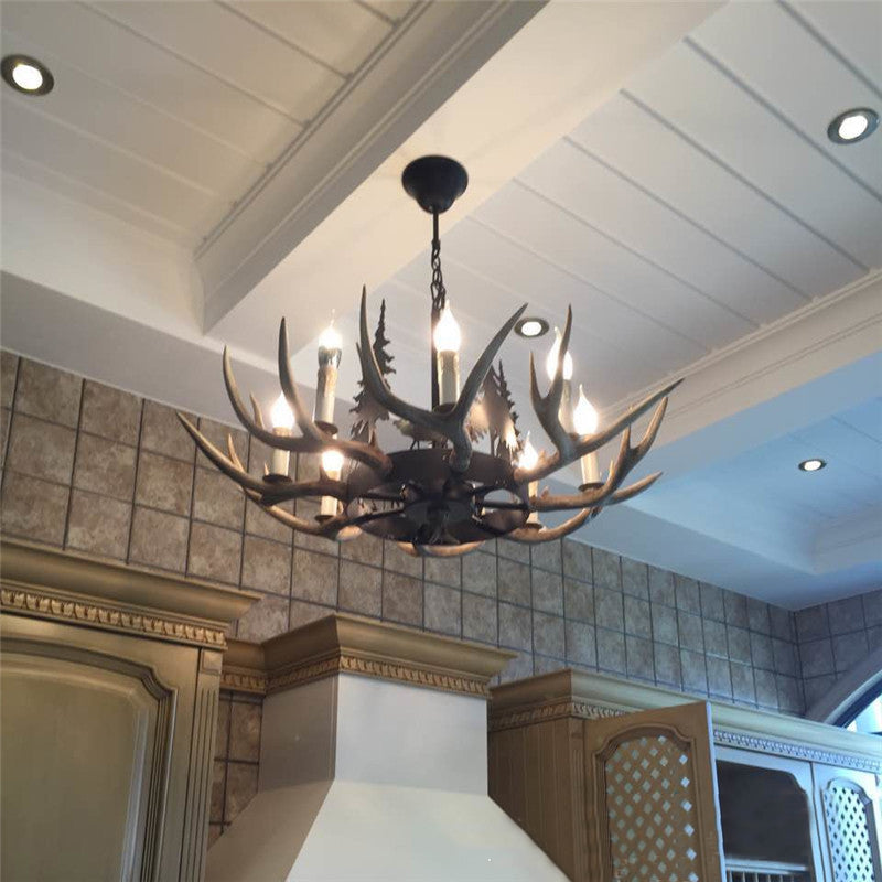 8-Bulb Resin Chandelier Lighting Rustic Light Brown Deer Antler Indoor Suspension Light with Pine Tree Accent
