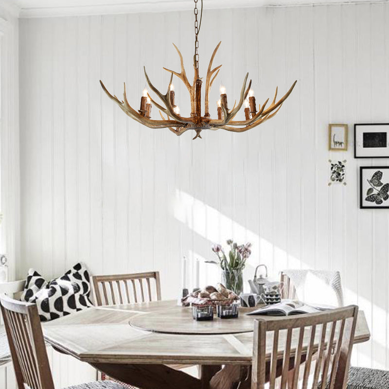 Brown 8 Lights Chandelier Lighting Rural Resin Candelabra Pendant Lamp with Antler Accent for Dining Room