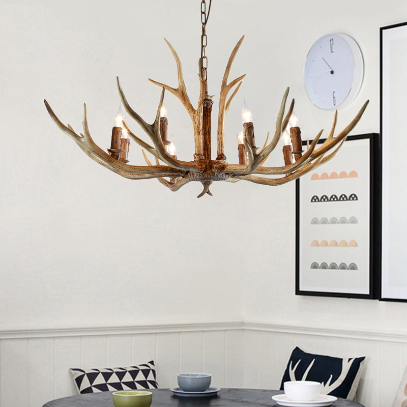 Brown 8 Lights Chandelier Lighting Rural Resin Candelabra Pendant Lamp with Antler Accent for Dining Room