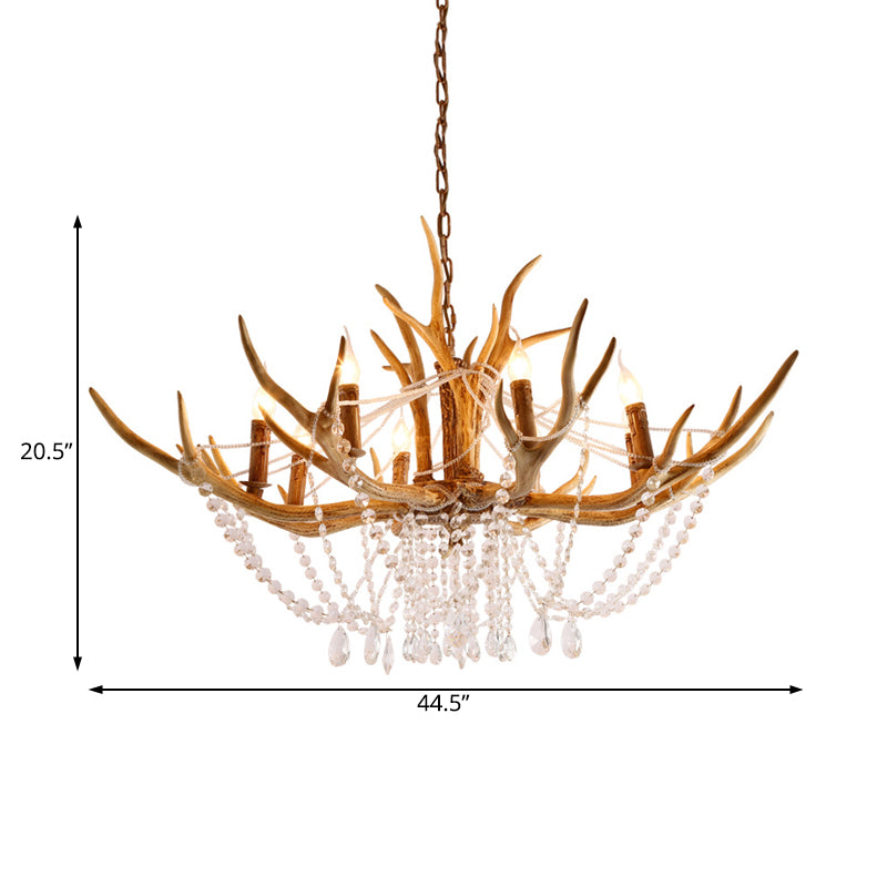 Resin Candle Chandelier Lamp Rustic 8-Head Kitchen Island Pendant Ceiling Light with Cascading Crystal in Brown