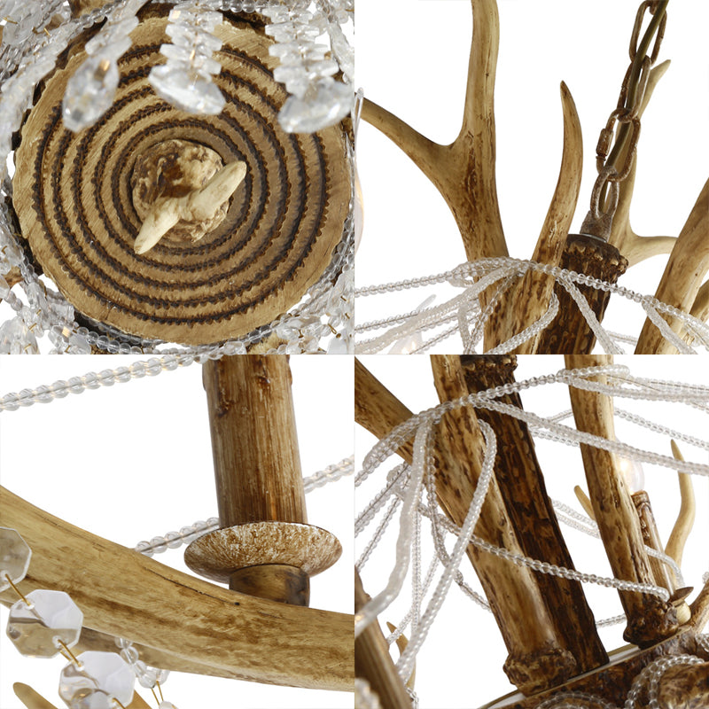 Resin Candle Chandelier Lamp Rustic 8-Head Kitchen Island Pendant Ceiling Light with Cascading Crystal in Brown