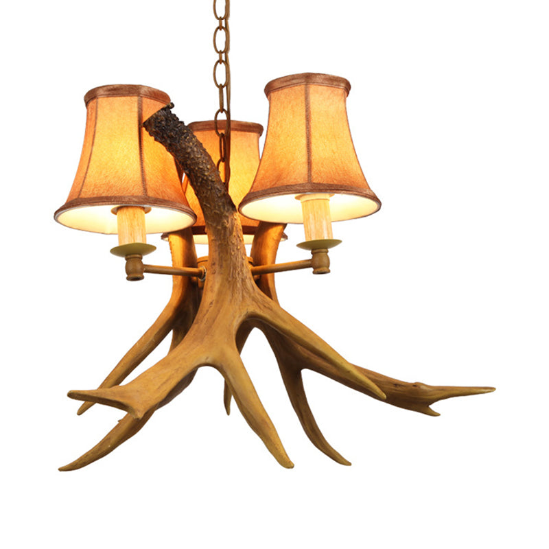 Rural Cone Hanging Lamp 3 Bulbs Fabric Chandelier Light Fixture with Deer Antler in Brown