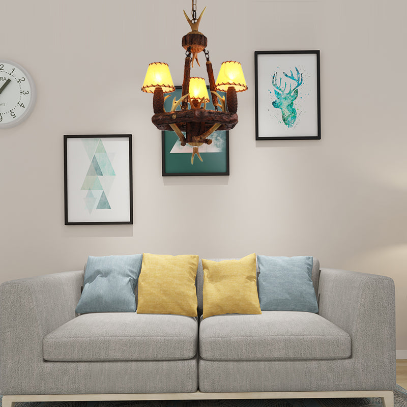 Brown Cone Pendant Chandelier Farmhouse Fabric 3-Head Living Room Hanging Ceiling Light