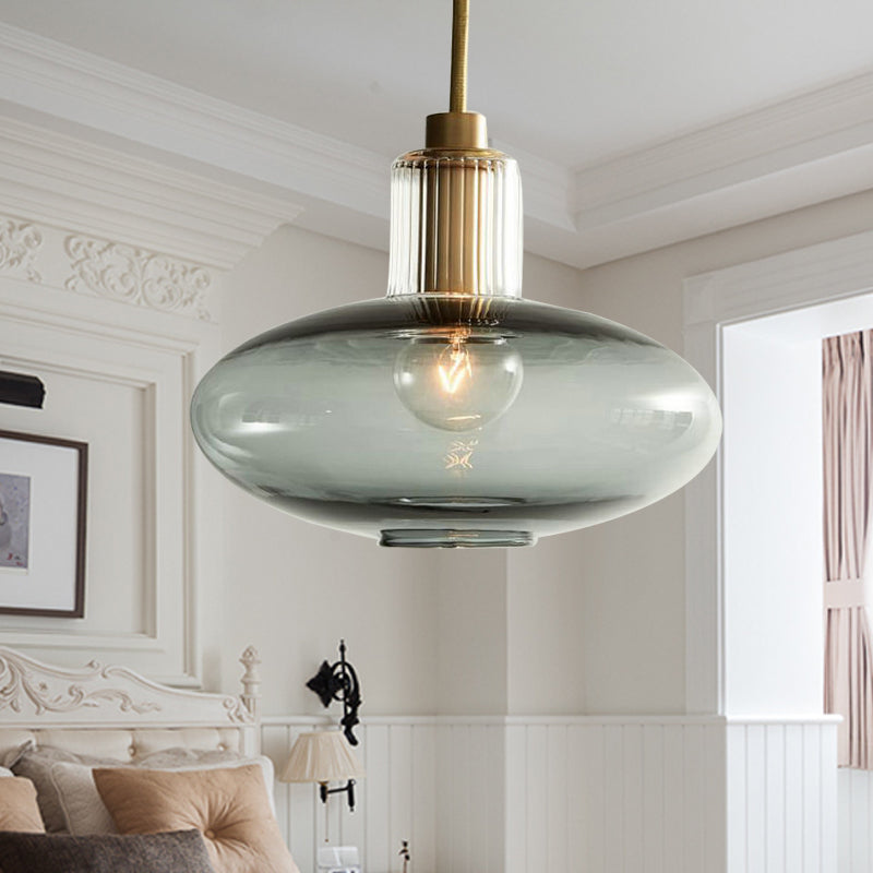 Contemporary Oval Suspension Pendant Grey/Blue Glass 1 Head Hanging Light for Bedroom