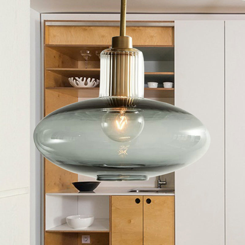 Contemporary Oval Suspension Pendant Grey/Blue Glass 1 Head Hanging Light for Bedroom