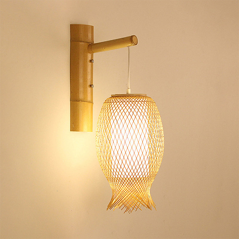Hand geweven bamboe muur sconce verlichting Aziatische stijl 1 bol beige wandlamp met langwerpige schaduw
