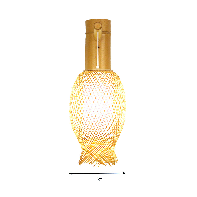 Hand Woven Bamboo Wall Sconce Lighting Asian Style 1 Bulb Beige Wall Lamp with Oblong Shade