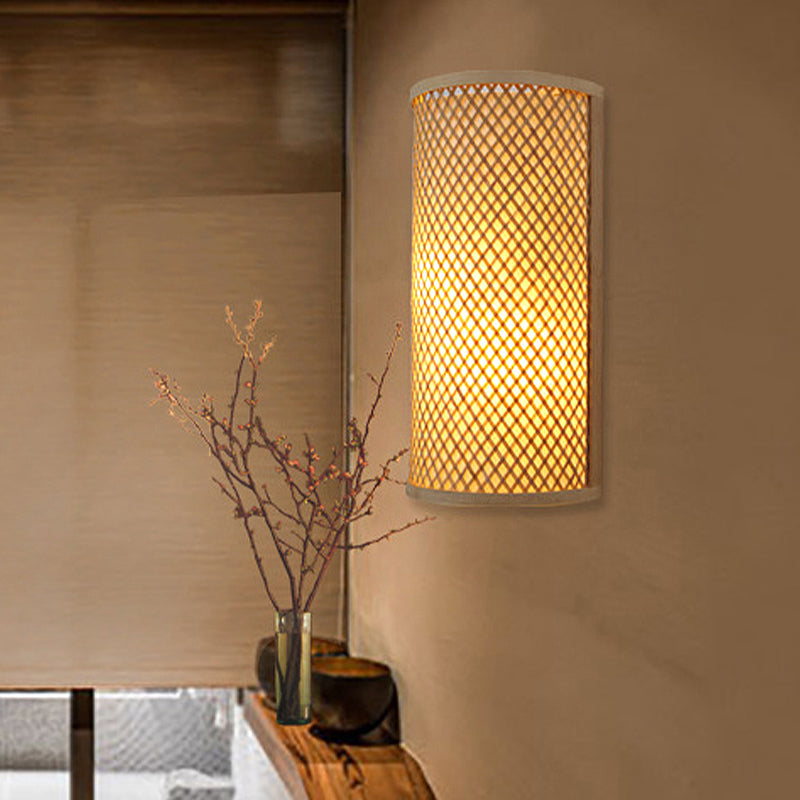 Half-Cylinder Bamboo Wall Mount Light Lodge Style 1-Light Beige Wall Light Sconce for Hallway