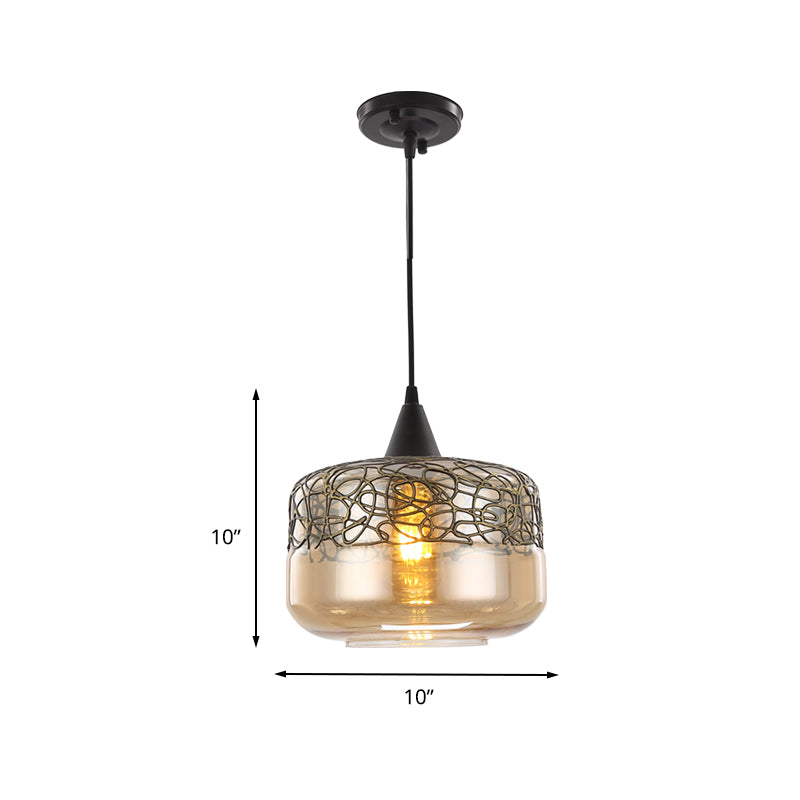 Amber Glass Drum Pendant Lighting Contemporary 1 Head Hanging Lamp Kit for Living Room