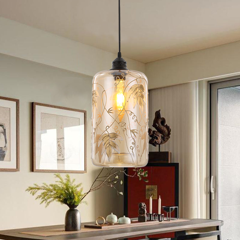 Luz colgante cilíndrica modernismo de vidrio ámbar 1 lámpara colgante de cabeza con patrón de hoja para dormitorio