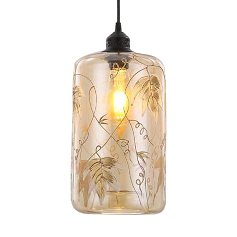 Luz colgante cilíndrica modernismo de vidrio ámbar 1 lámpara colgante de cabeza con patrón de hoja para dormitorio