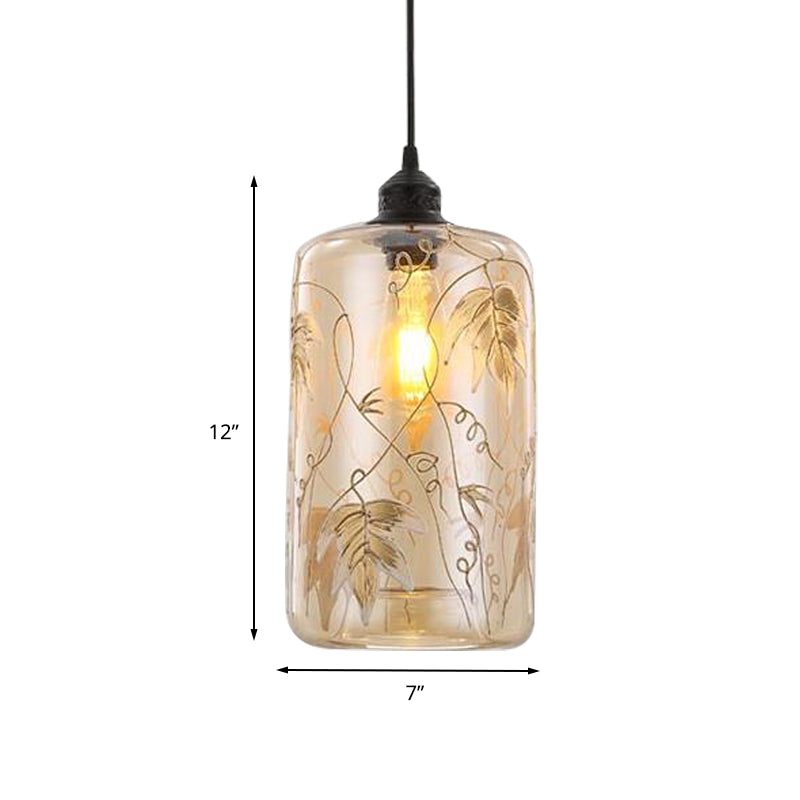 Cylindrical Hanging Light Modernism Amber Glass 1 Head Pendant Lamp with Leaf Pattern for Bedroom