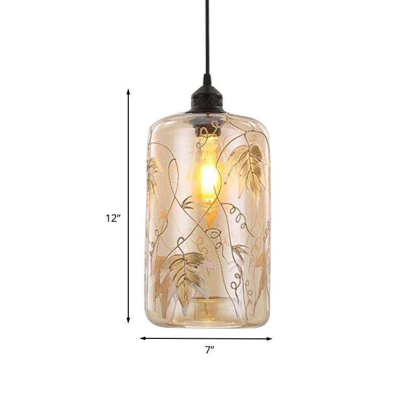 Luz colgante cilíndrica modernismo de vidrio ámbar 1 lámpara colgante de cabeza con patrón de hoja para dormitorio
