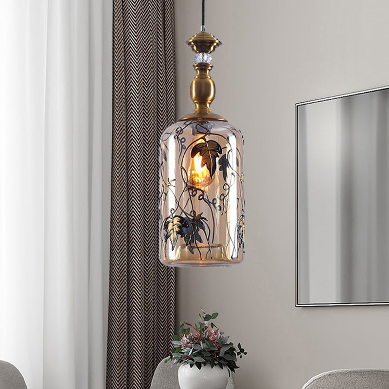 Jar Living Room Hanging Lamp Amber Glass 1 Head Colonial Pendant Lighting Fixture