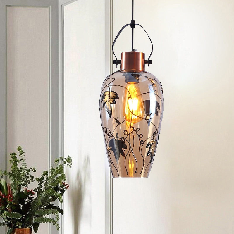 1 Bulb Pot Ceiling Lamp Traditional Copper Glass Hanging Lamp Kit with Maple Leaf Pattern