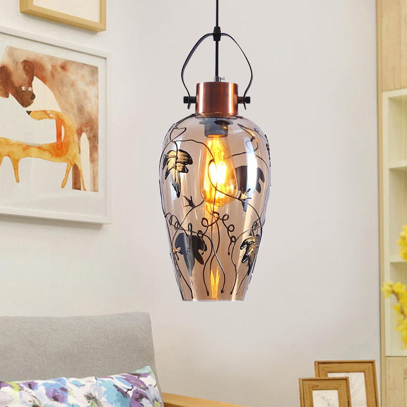 1 Bulb Pot Ceiling Lamp Traditional Copper Glass Hanging Lamp Kit with Maple Leaf Pattern