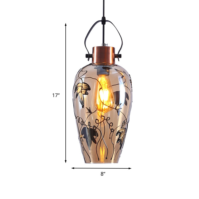 1 Bulb Pot Ceiling Lamp Traditional Copper Glass Hanging Lamp Kit with Maple Leaf Pattern