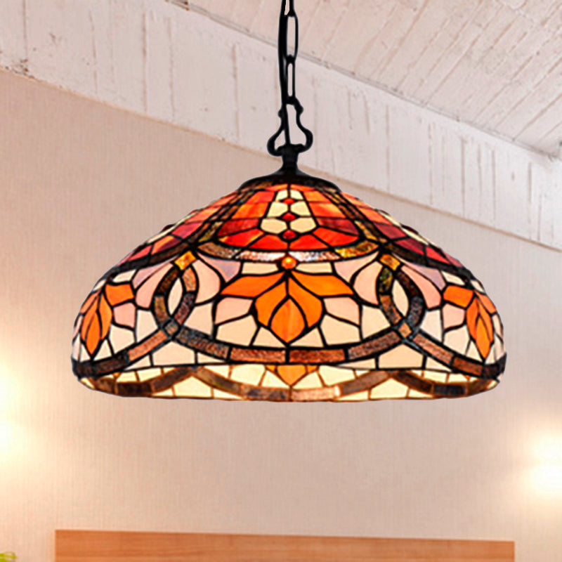 Stained Glass Dome Hanging Lamp Tiffany Antique Pendant Light in Black Finish for Dining Room