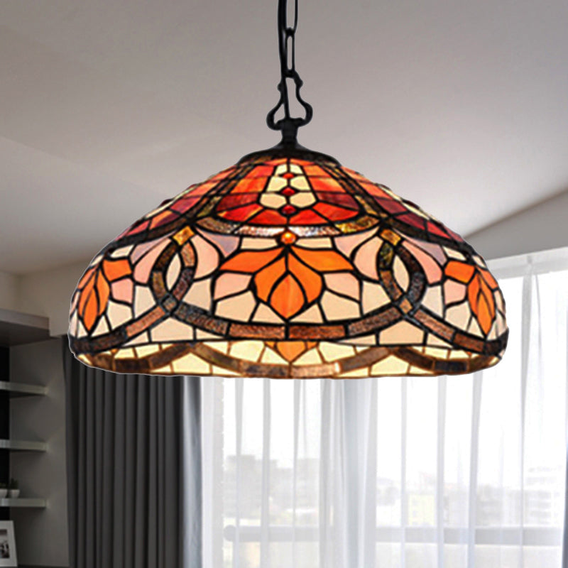 Stained Glass Dome Hanging Lamp Tiffany Antique Pendant Light in Black Finish for Dining Room